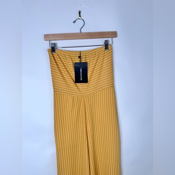PrettyLittleThing Mustard PinStriped Bandeau Cropped Jumpsuit size 6 NWT - Picture 2 of 12